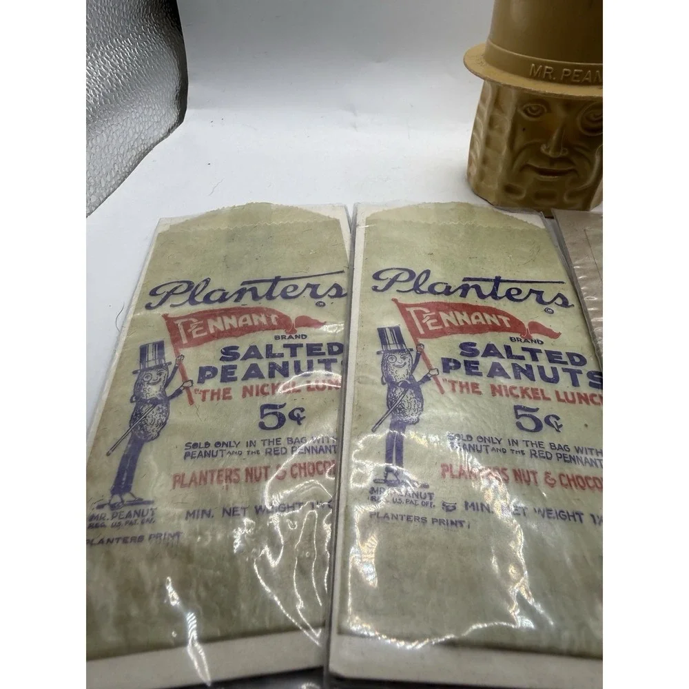 (4) Vintage Planters Mr Peanut Wax Bags Lot 1930s-50s (NOS) + Cup & Stirrer